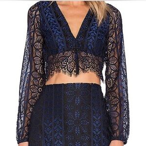 For Love & Lemons - Elegant Lace V-Neck Top - Navy Blue